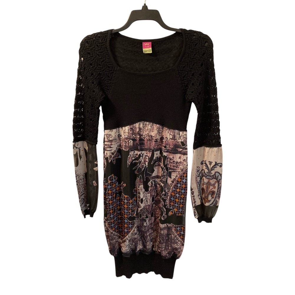 SAVE THE QUEEN Dress Italy Black Artsy Whimsigoth Avant Garde Sz L Mixed Media